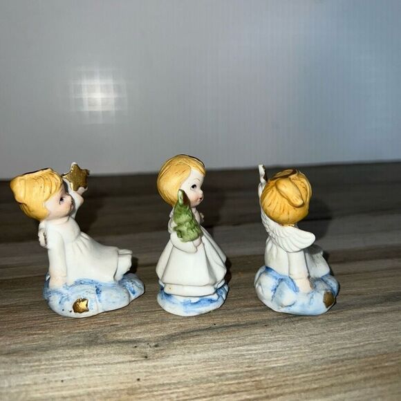 Vintage Set Of 3 Porcelain Bisque Christmas Angels Holiday Christmas Tree Star - Picture 6 of 8